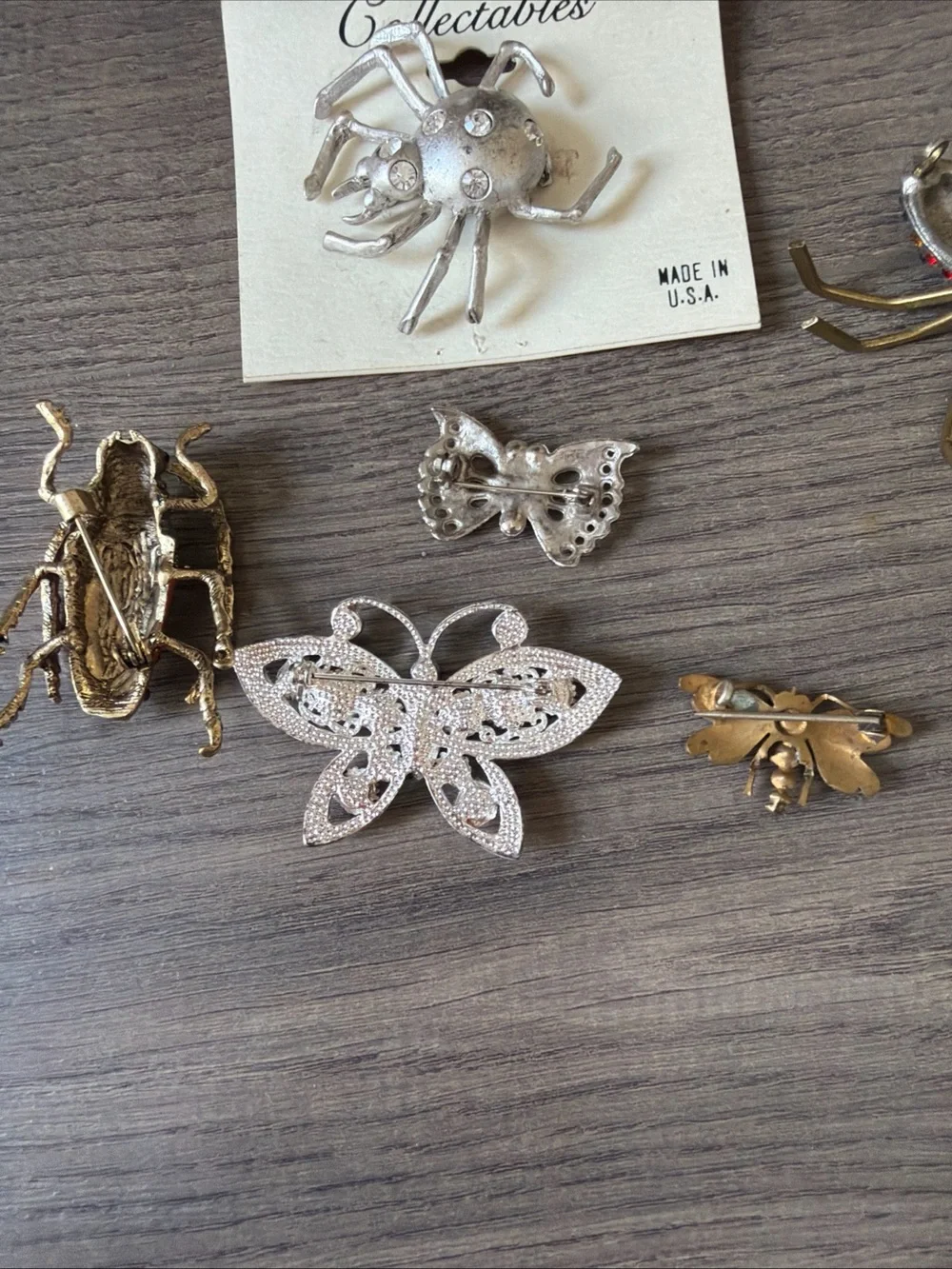 6 vintage Bugs,Butterflies & Spider Pins Brooches Enamel , Pink Rhinestones….
